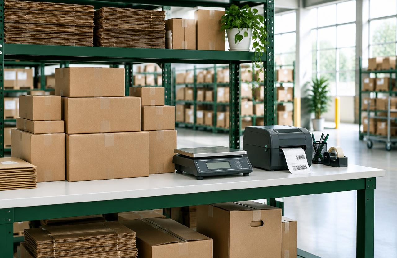 Parcel fulfillment station with shipping boxes, a scale and a label printer
