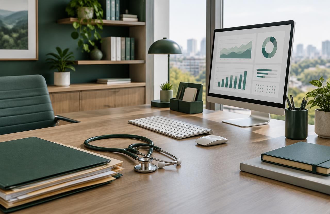 Healthcare administration workstation with organized records and a stethoscope