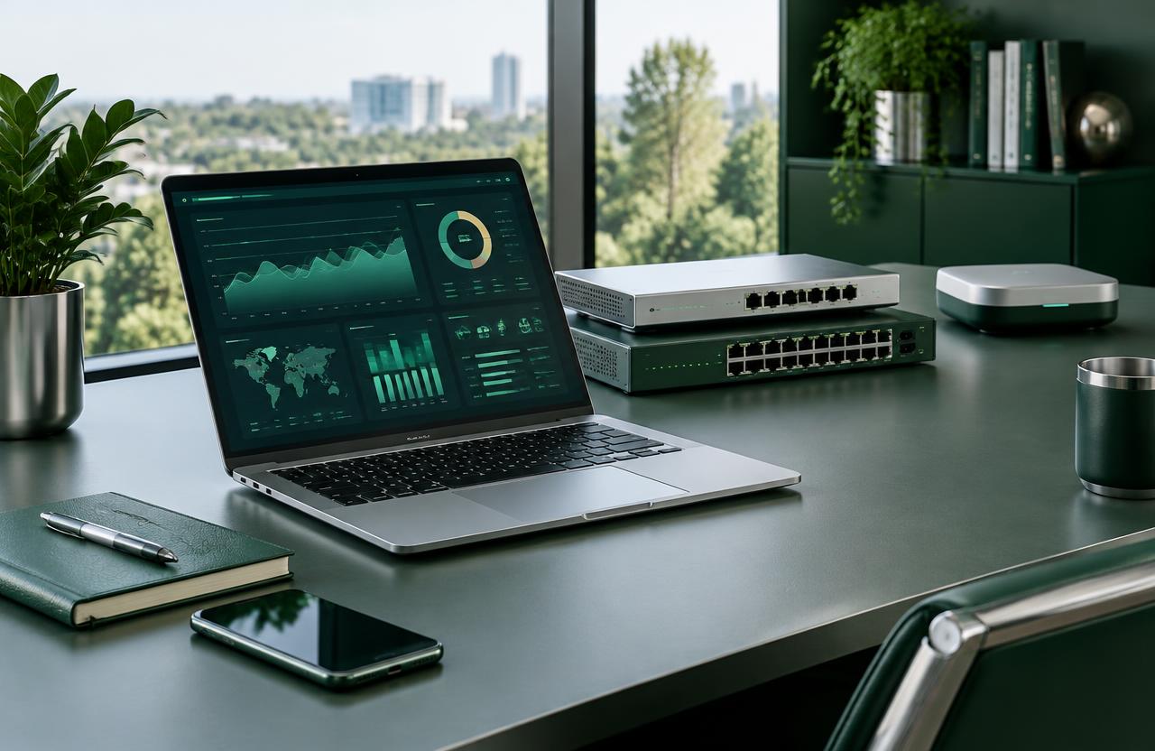 Software dashboard and networking equipment at an organized office workstation