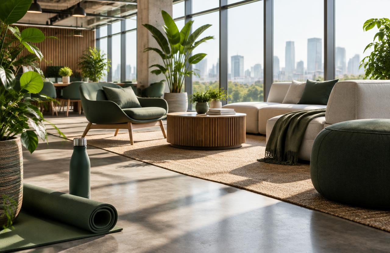 A bright workplace wellness lounge with plants and space to recharge